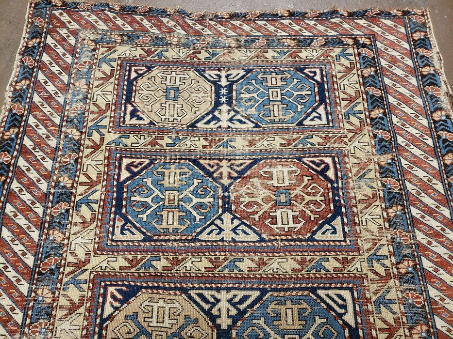 3' 4" X 4' 11" Antique Handmade Shirvan Kazak Caucasian Wool Rug Colorful