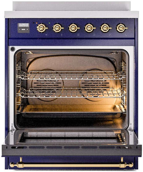 ILVE Nostalgie II 30" Electric Range, Blue, Brass Trim UPI304NMPMBG ILVE