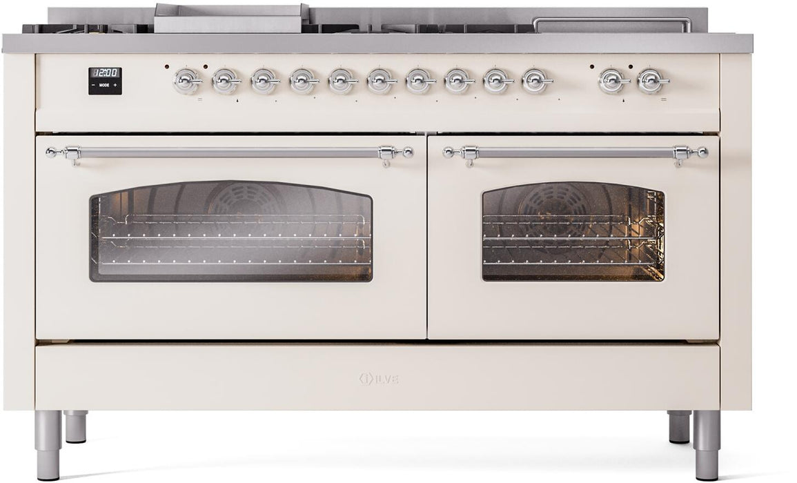 ILVE Nostalgie II 60" Dual Fuel Natural Gas Range, Antique White, Chrome Trim UP60FSNMPAWC ILVE