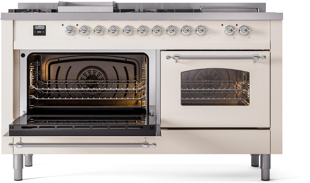 ILVE Nostalgie II 60" Dual Fuel Natural Gas Range, Antique White, Chrome Trim UP60FSNMPAWC ILVE