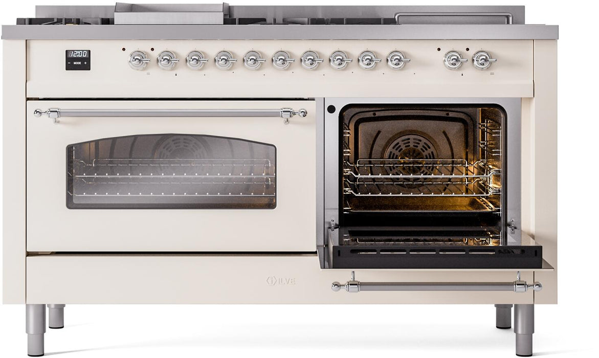 ILVE Nostalgie II 60" Dual Fuel Natural Gas Range, Antique White, Chrome Trim UP60FSNMPAWC ILVE