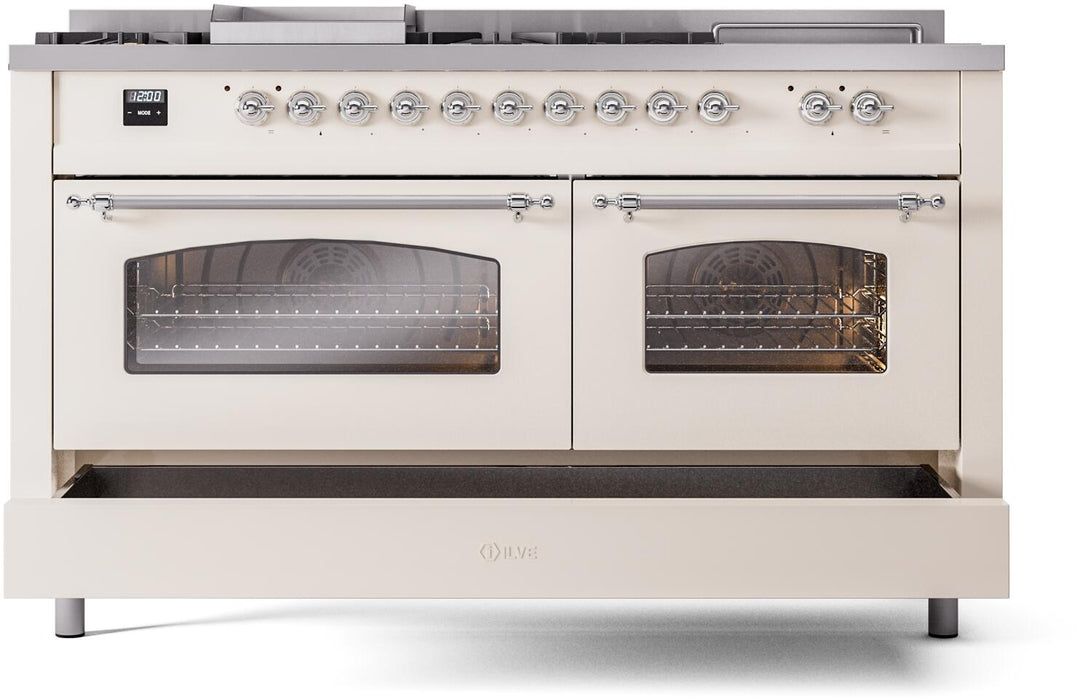 ILVE Nostalgie II 60" Dual Fuel Natural Gas Range, Antique White, Chrome Trim UP60FSNMPAWC ILVE