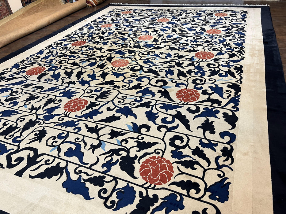 10x14 Chinese Peking Rug, Allover Pattern, Beige Black Blue Red, Handmade Hand Knotted Vintage 1940s Antique Living Room Chinese Carpet Nice