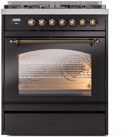 ILVE Nostalgie II 30" Dual Fuel Liquid Propane Range, Glossy Black, Bronze Trim UP30NMPBKBLP ILVE