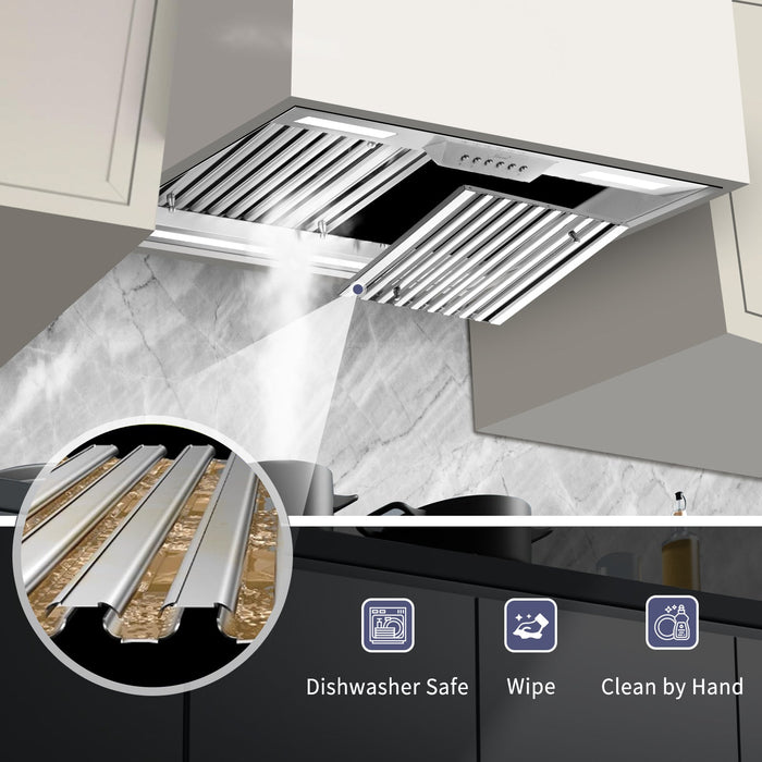 Nauxus Range Hood Insert 30 Inch,600 CFM Bulit-in Kitchen Vent Hood with 4 Speeds,Ultra-Quiet Duct Stove Hood 3CCT LED Lights and Dishwasher Safe Filters , NX-19IS-30