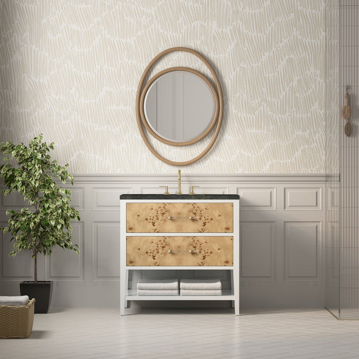 James Martin Olena 36" Single Bathroom Vanity, Polished White and Light Mappa Burl