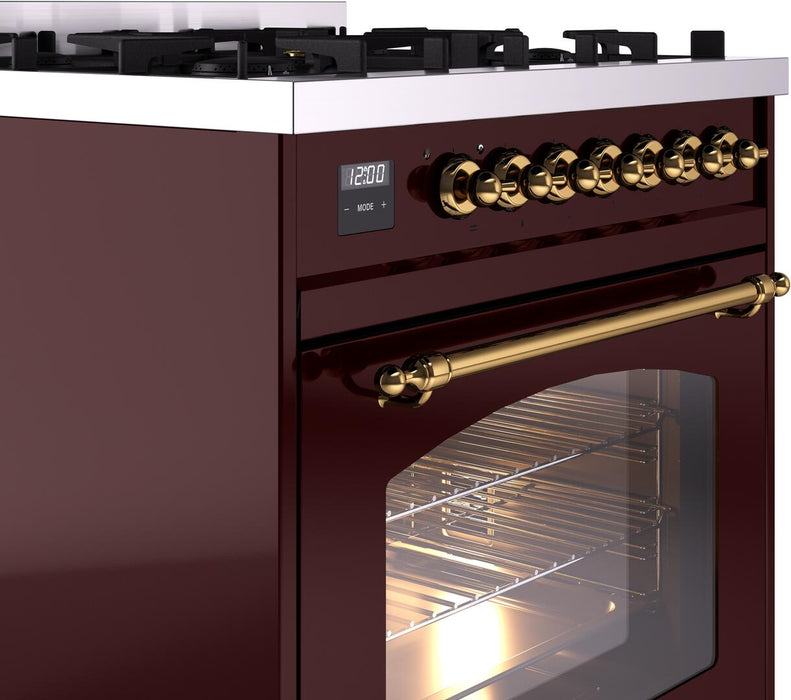 ILVE Nostalgie II 30" Dual Fuel Natural Gas Range, Burgundy, Brass Trim UP30NMPBUG ILVE