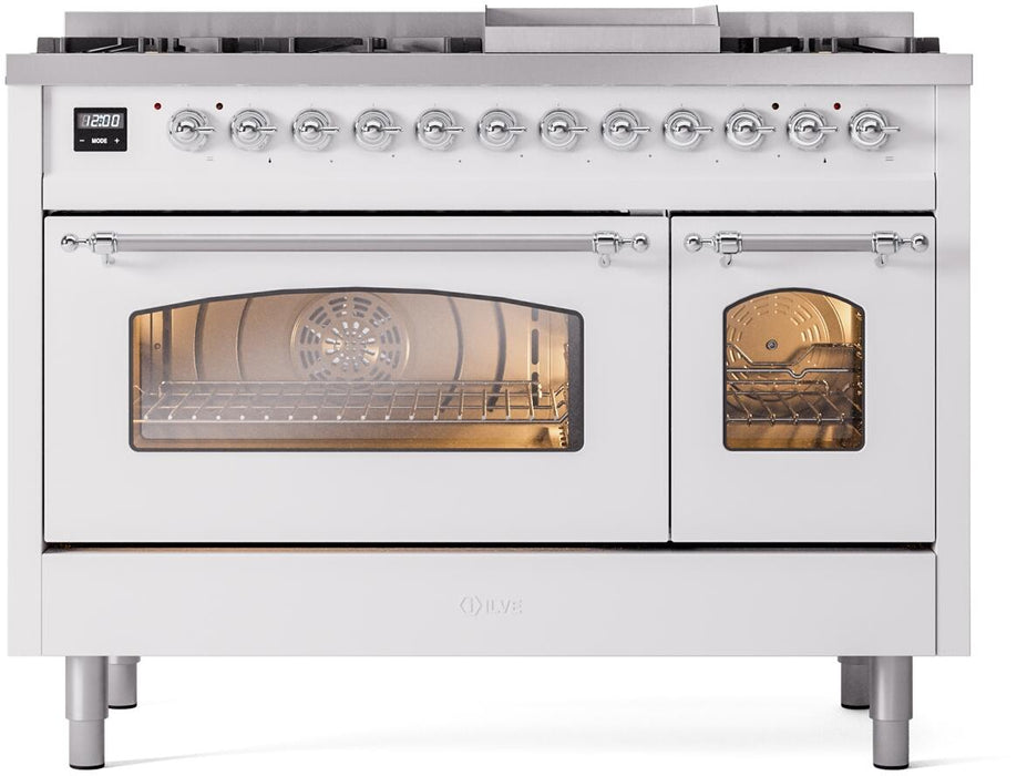 ILVE Nostalgie II 48" Dual Fuel Liquid Propane Range, White, Chrome Trim UP48FNMPWHCLP ILVE