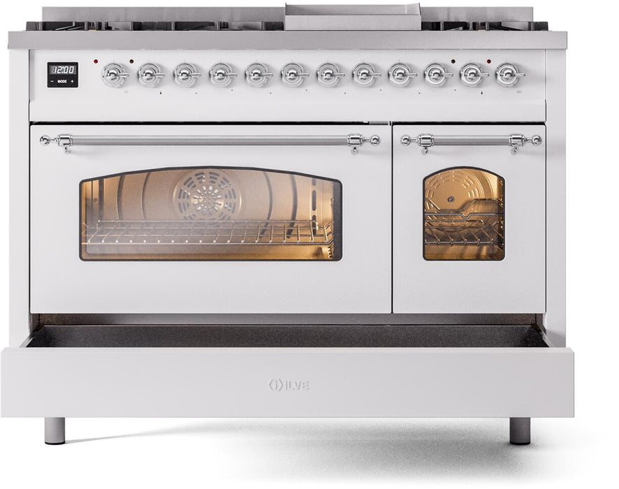 ILVE Nostalgie II 48" Dual Fuel Liquid Propane Range, White, Chrome Trim UP48FNMPWHCLP ILVE