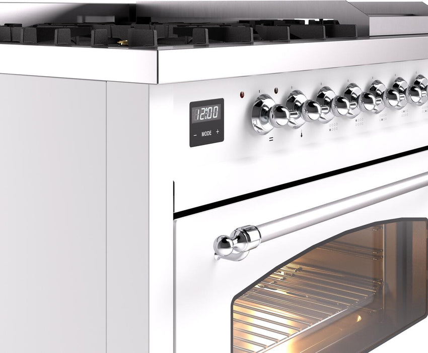 ILVE Nostalgie II 48" Dual Fuel Liquid Propane Range, White, Chrome Trim UP48FNMPWHCLP ILVE