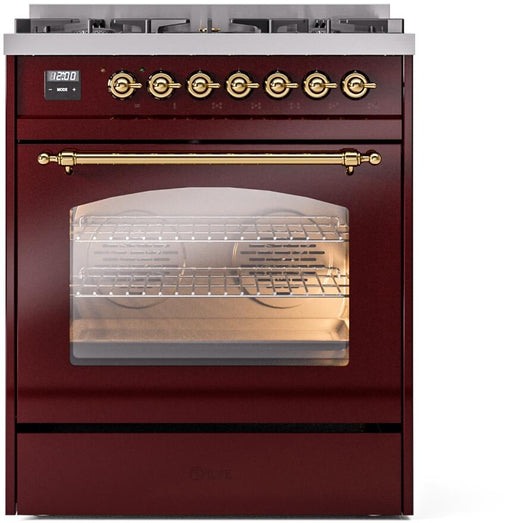 ILVE Nostalgie II 30" Dual Fuel Liquid Propane Range, Burgundy, Brass Trim UP30NMPBUGLP ILVE
