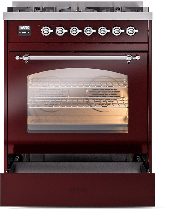 ILVE Nostalgie II 30" Dual Fuel Liquid Propane Range, Burgundy, Chrome Trim UP30NMPBUCLP ILVE