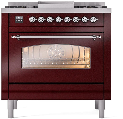 ILVE Nostalgie II 36" Dual Fuel Liquid Propane Range, Burgundy, Chrome Trim UP36FNMPBUCLP ILVE