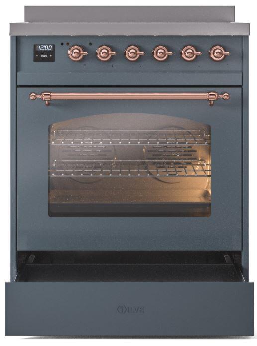 ILVE Nostalgie II 30" Electric Range, Blue Grey, Copper Trim UPI304NMPBGP