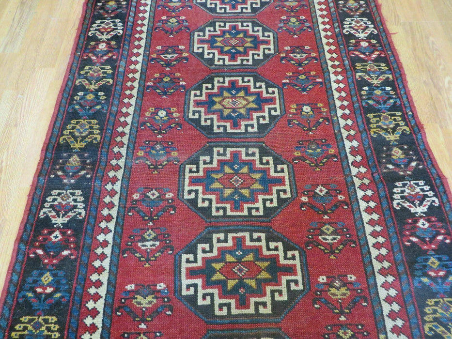 3' 3" X 10' Hand-Knotted Antique Handmade Caucasian Kazak Wool Runner Rug