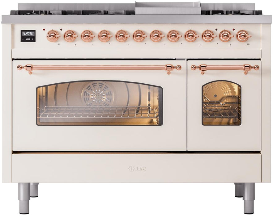 ILVE Nostalgie II 48" Dual Fuel Liquid Propane Range, Antique White, Copper Trim UP48FNMPAWPLP ILVE