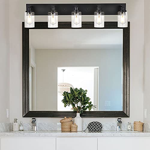 Farmhouse 5 - Lights Farmhouse Bathroom Vanity Light in Black Finish Wall Mount Lighting Fixtures with Seeded Glass for Mirror Cabinet Kitchen Bedroom - Farmhouse Kitchen and Bath