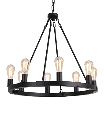 Farmhouse 8 - Lights Black Industrial Wagon Wheel Chandelier Light Fixture for Foyer Dining Room Kitchen Living Room Entryway Dia27 Inches UL Listed - Farmhouse Kitchen and Bath