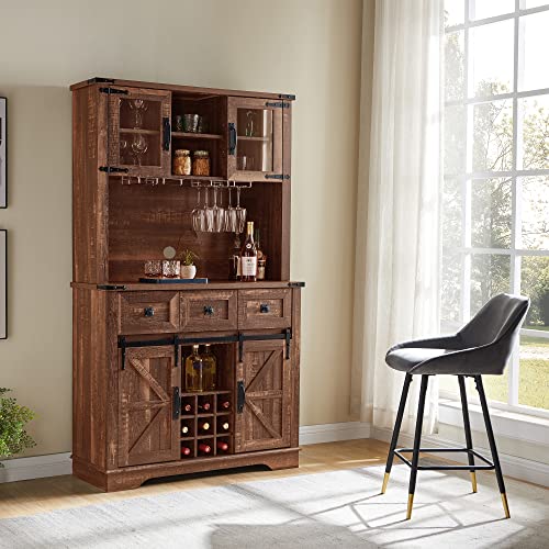 Farmhouse Bar Cabinet with Sliding Barn Door, Kitchen Pantry Storage Cabinet w/Wine and Glass Rack, Drawers, Adjustable Shelves, Sideboard Buffet with Hutch for Dining Room (Reclaimed Barnwood) - Farmhouse Kitchen and Bath