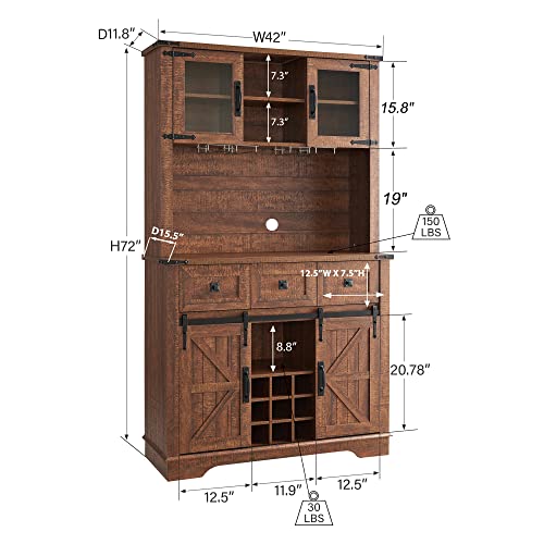 Farmhouse Bar Cabinet with Sliding Barn Door, Kitchen Pantry Storage Cabinet w/Wine and Glass Rack, Drawers, Adjustable Shelves, Sideboard Buffet with Hutch for Dining Room (Reclaimed Barnwood) - Farmhouse Kitchen and Bath