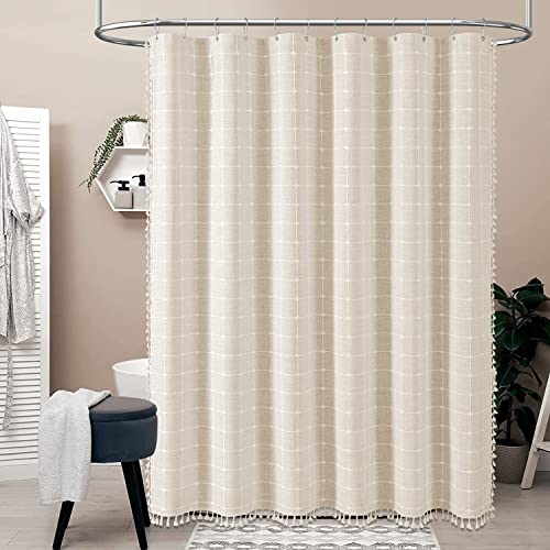 Farmhouse Boho Farmhouse Shower Curtain -  Linen Rustic Heavy Duty Fabric Shower Curtain Set with Tassel, Water Repellent, Modern Bohemian French Country Thick Bathroom Shower Curtains - Cream/Beige, 72x72 - Farmhouse Kitchen and Bath