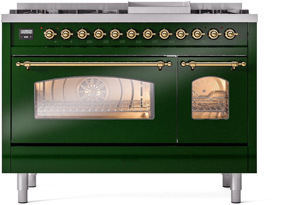 ILVE Nostalgie II 48" Dual Fuel Liquid Propane Range, Emerald Green, Brass Trim ILVE UP48FNMPEGGLP ILVE