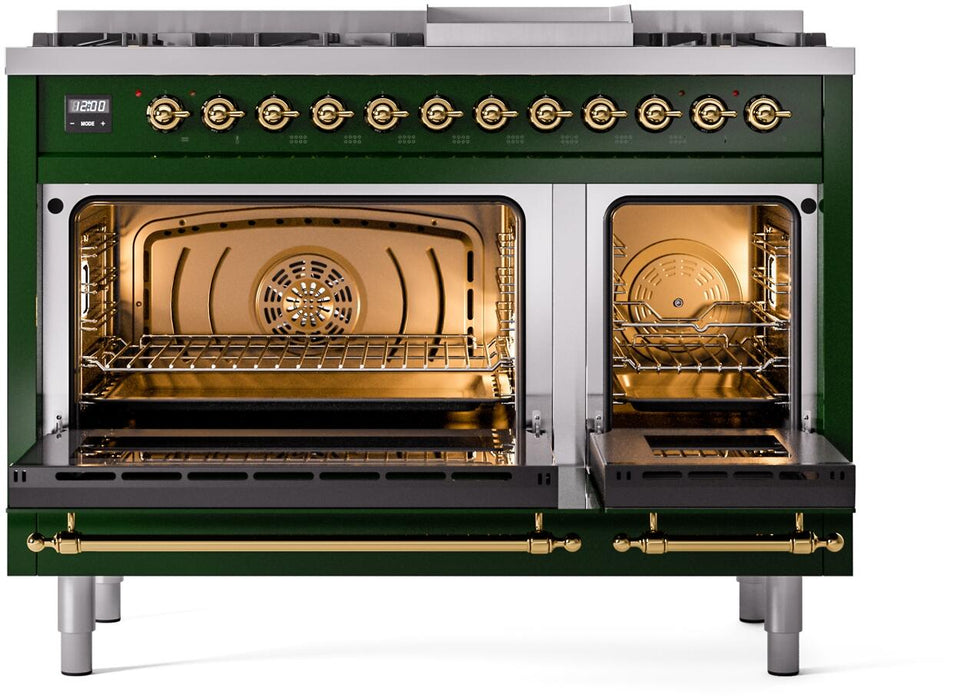 ILVE Nostalgie II 48" Dual Fuel Liquid Propane Range, Emerald Green, Brass Trim ILVE UP48FNMPEGGLP ILVE