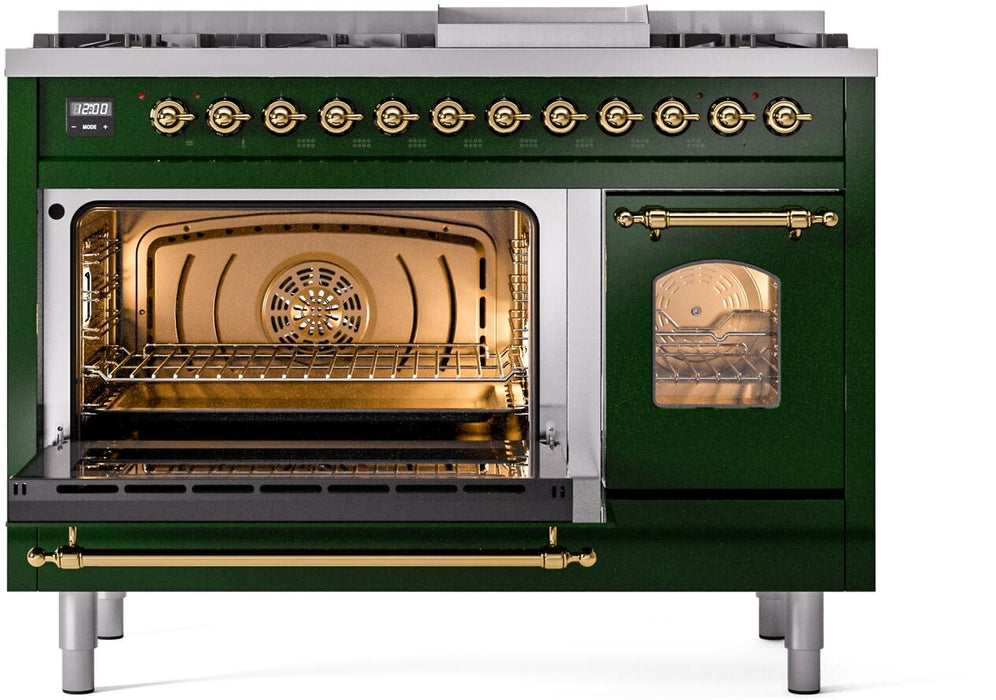 ILVE Nostalgie II 48" Dual Fuel Liquid Propane Range, Emerald Green, Brass Trim ILVE UP48FNMPEGGLP ILVE