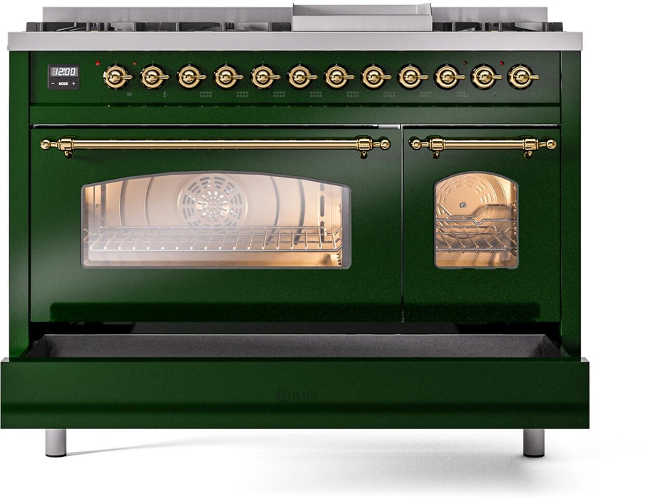 ILVE Nostalgie II 48" Dual Fuel Liquid Propane Range, Emerald Green, Brass Trim ILVE UP48FNMPEGGLP ILVE