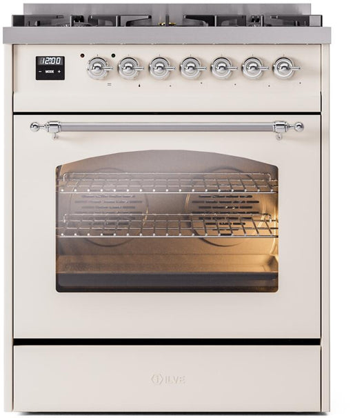 ILVE Nostalgie II 30" Dual Fuel Natural Gas Range, Antique White, Chrome Trim UP30NMPAWC ILVE