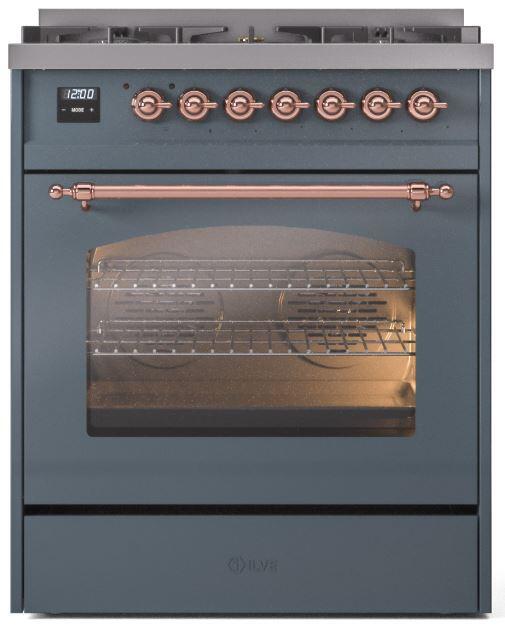 ILVE Nostalgie II 30 Inch Dual Fuel Natural Gas Freestanding Range in Blue Grey with Copper Trim UP30NMPBGP