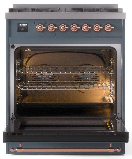 ILVE Nostalgie II 30 Inch Dual Fuel Natural Gas Freestanding Range in Blue Grey with Copper Trim UP30NMPBGP