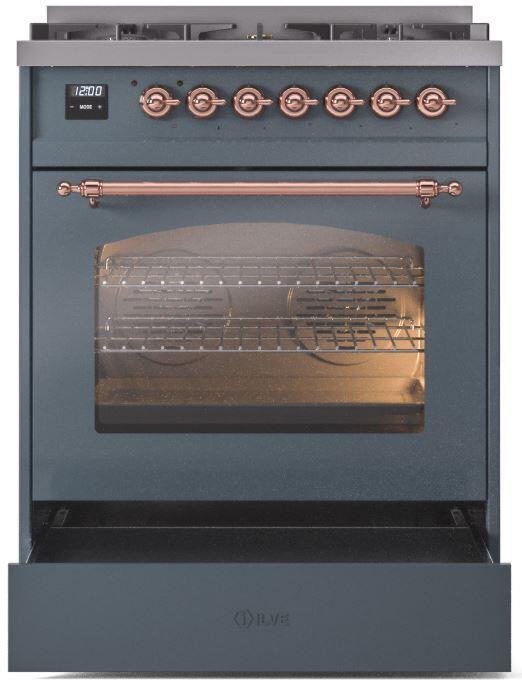 ILVE Nostalgie II 30 Inch Dual Fuel Natural Gas Freestanding Range in Blue Grey with Copper Trim UP30NMPBGP