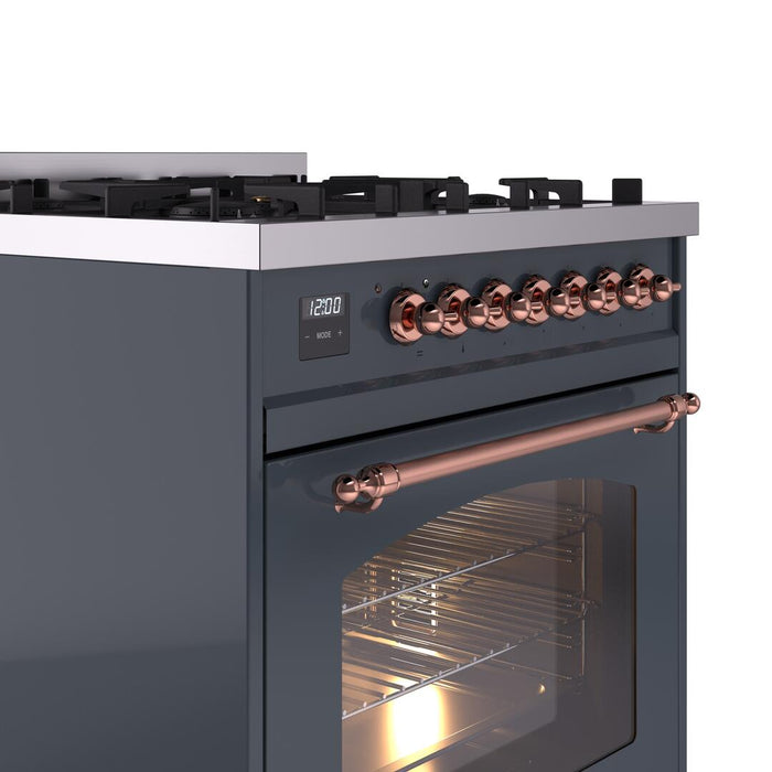 ILVE Nostalgie II 30 Inch Dual Fuel Natural Gas Freestanding Range in Blue Grey with Copper Trim UP30NMPBGP