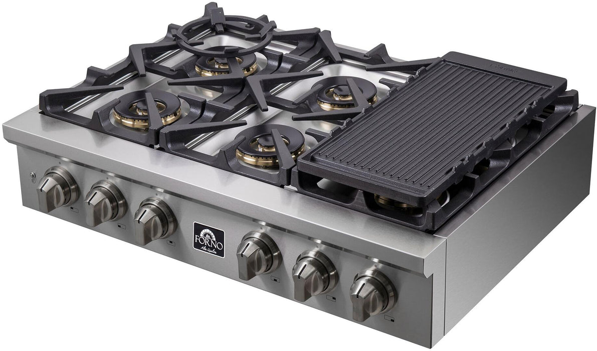 Forno Spezia 36 in. 6 Burner Gas Cooktop with Wok Ring and Griddle in Stainless Steel, FCTGS5751 - 36 - Farmhouse Kitchen and Bath