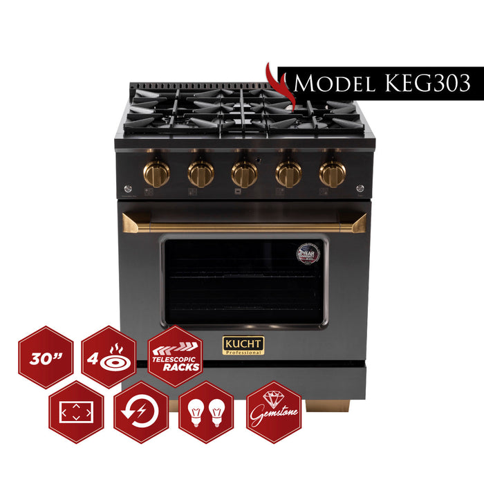 KUCHT Gemstone Professional 30 in. 4.2 cu. ft. Natural Gas Range with Sealed Burners and Convection Oven in Titanium Stainless Steel KEG303 - Farmhouse Kitchen and Bath