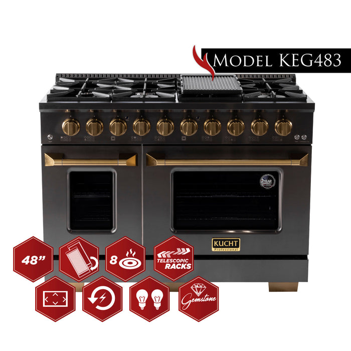 KUCHT Gemstone Professional 48 in. 6.7 cu. ft. Propane Gas Range with Sealed Burners, Griddle/Grill and Two Ovens - One Convection - in Titanium Stainless Steel KEG483/LP