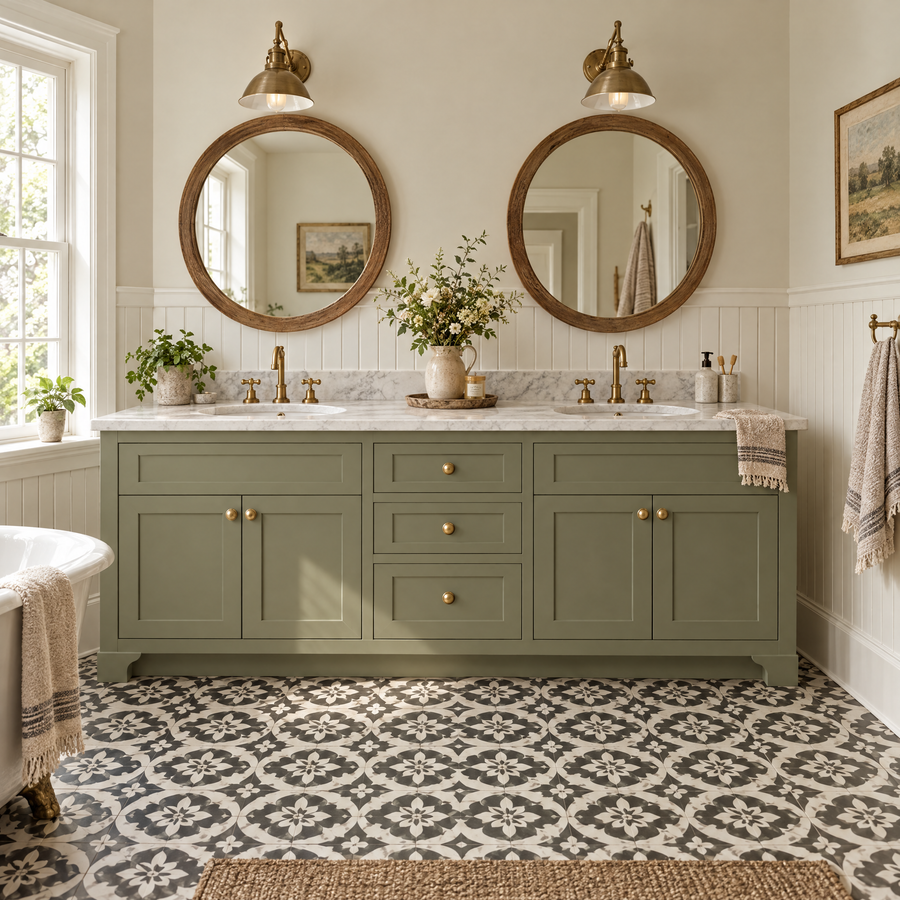 Farmhouse bathroom with sage green double vanity, marble top, brass faucets and patterned cement tile floor
