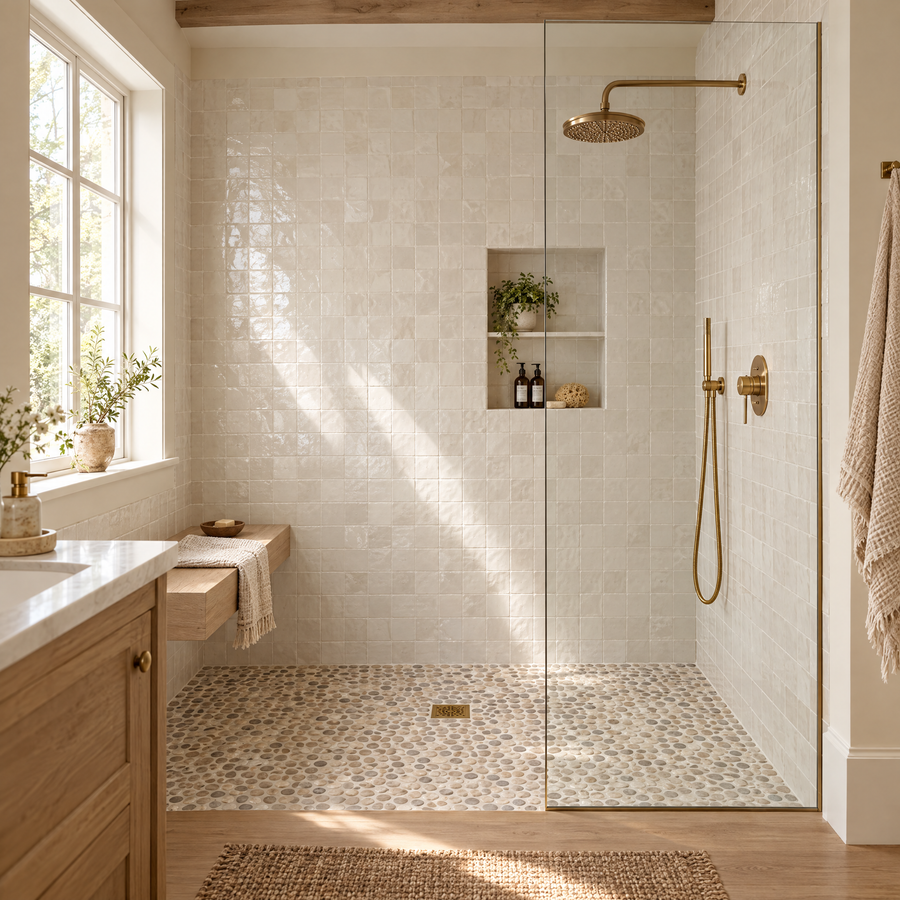 Curbless walk-in shower with white zellige tile, brass rain shower and pebble mosaic floor