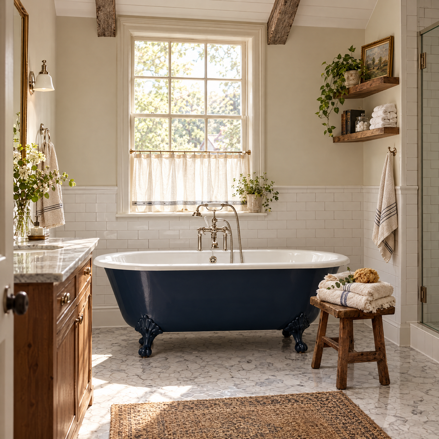 Classic farmhouse bathroom with navy clawfoot tub, subway tile wainscot and marble hexagon floor