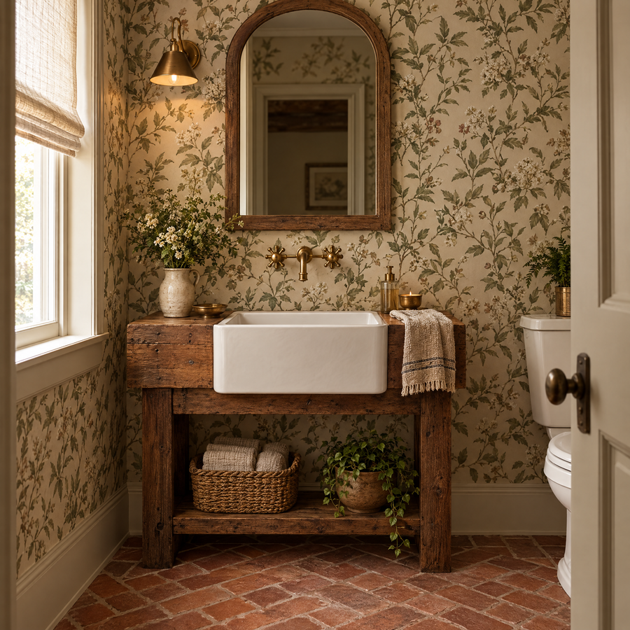 Farmhouse powder room with fireclay apron sink on a reclaimed wood console and botanical wallpaper