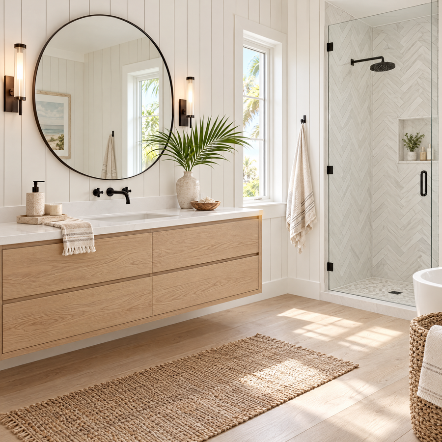 Coastal farmhouse bathroom with white oak floating vanity, shiplap walls and herringbone tile shower