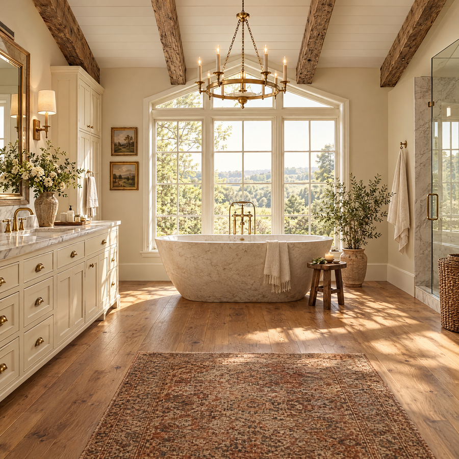 Luxury farmhouse primary suite bath with freestanding stone tub, chandelier and timber beams