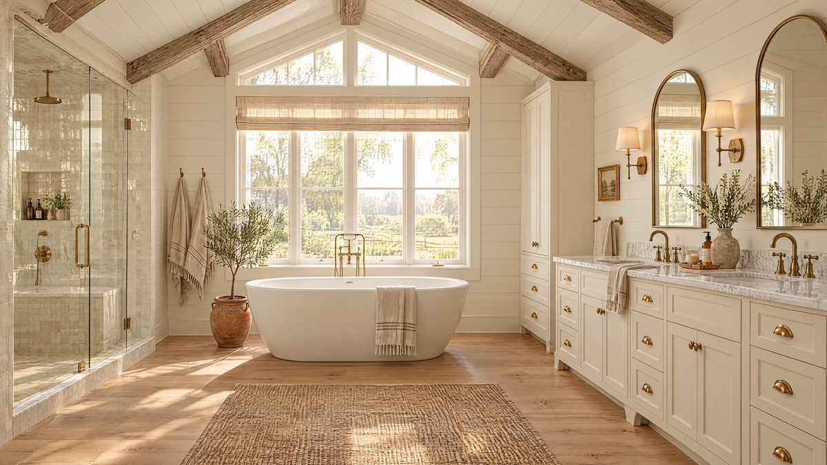 Modern farmhouse primary bathroom with freestanding soaking tub, white shaker double vanity, brass fixtures and exposed wood beams