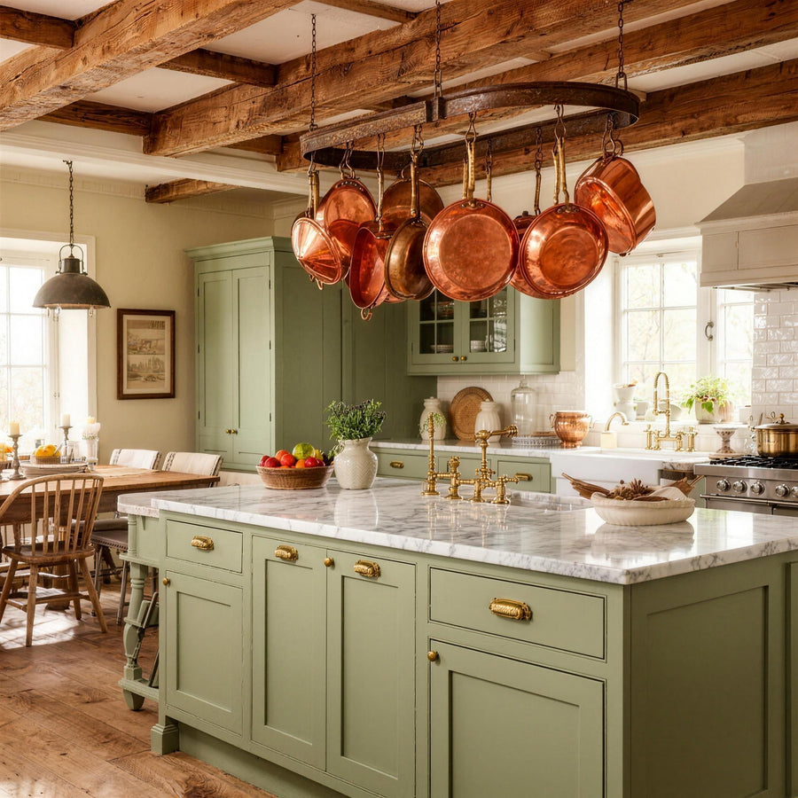 Sage green farmhouse kitchen with marble countertops and copper pots
