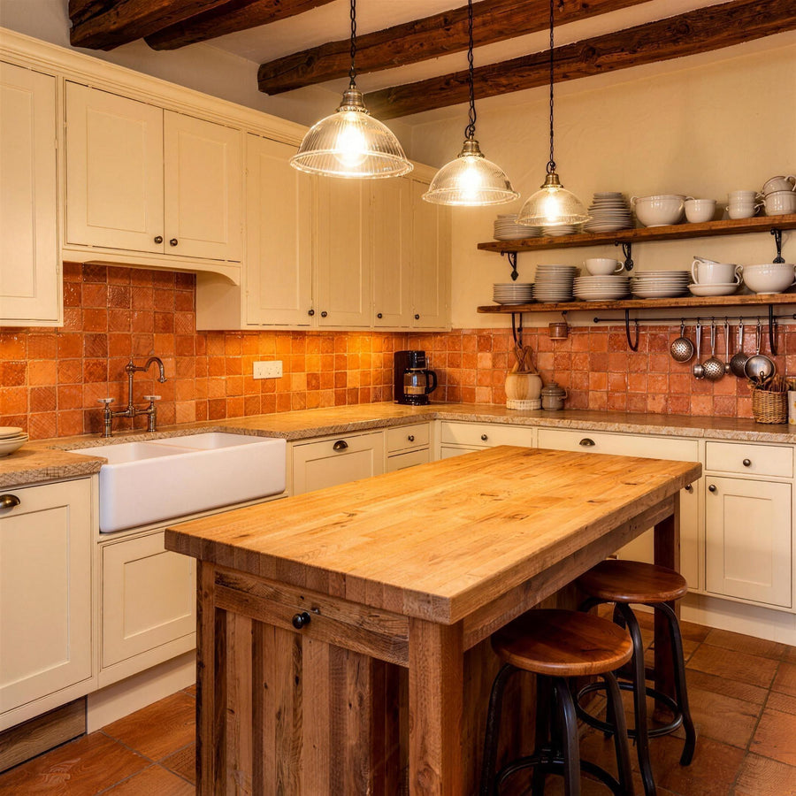 Rustic country kitchen with cream cabinets and terracotta backsplash