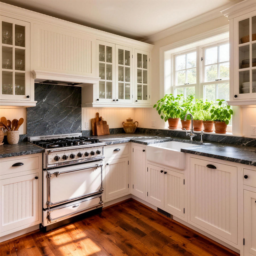 Classic farmhouse kitchen with beadboard cabinets and soapstone counters