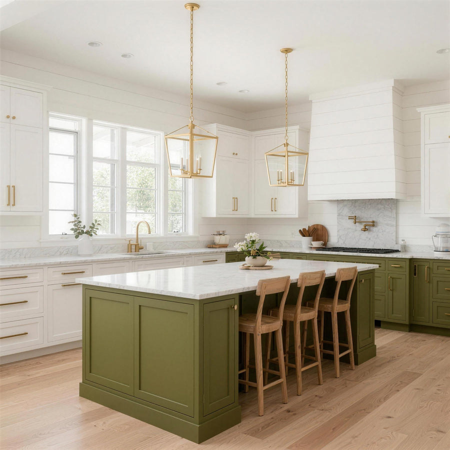 Transitional farmhouse kitchen with two-tone cabinets and gold hardware