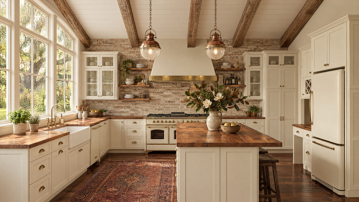Southern farmhouse kitchen remodel in Atlanta with cream shaker cabinets, butcher block island, brick accent wall and garden windows