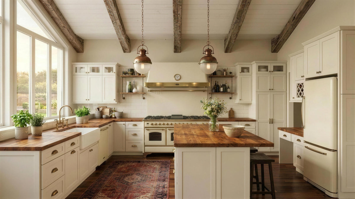 Classic farmhouse kitchen with white shaker cabinets, butcher block countertops, apron-front sink, and exposed wood beams